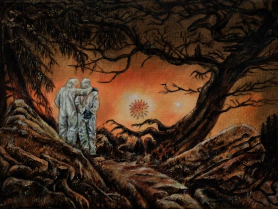 Zwei Männer in Betrachtung des Mondes (nach Caspar David Friedrich, Covid-Style)